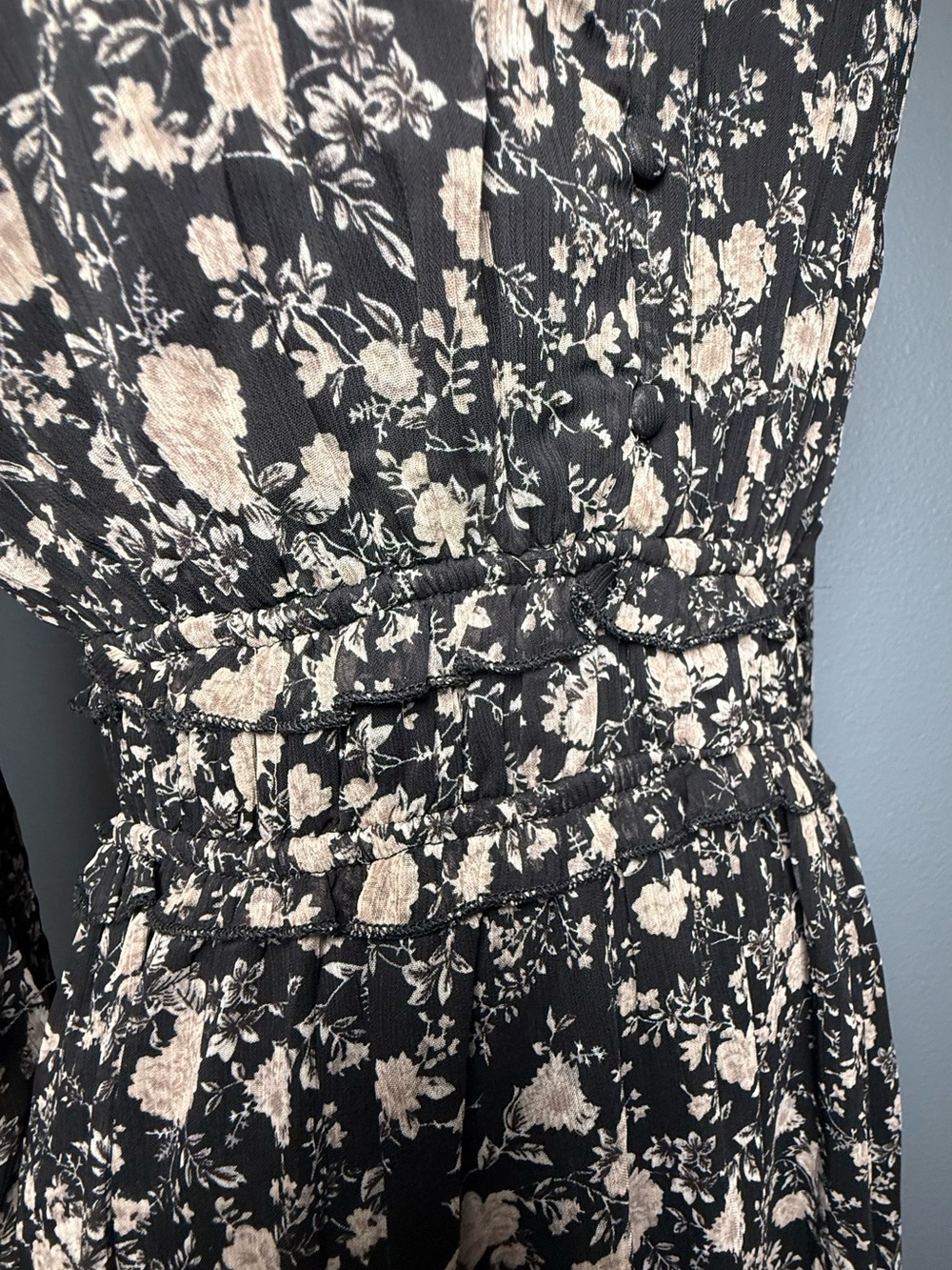 Floral Tiered Long Sleeve Maxi Dress in Black and Cream - Picture 7 of 10